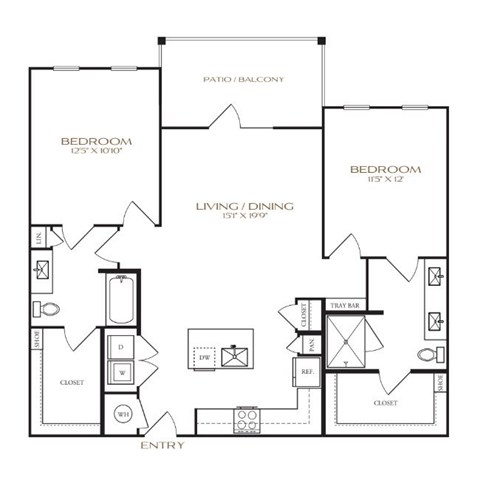 Floor plan for 2 beds, 2 baths, 1212 sqft